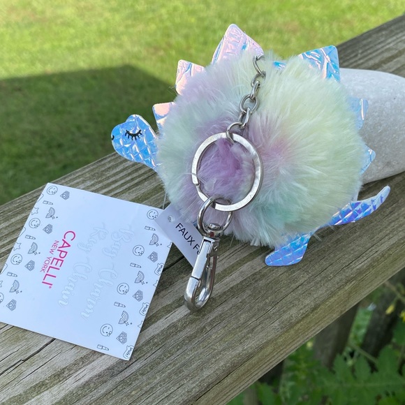Fuzzy Dinosaur Bag Charm Key Chain Capelli New York Pom Pom - Picture 6 of 7